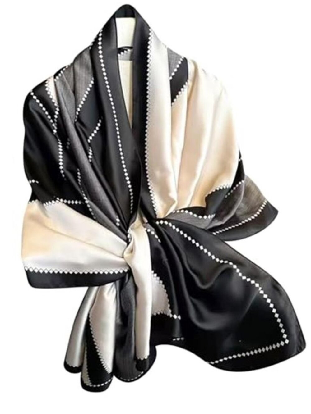 Elegant Silky Black & White Scarf Shawl Lightweight Floral Satin Scarf Trendy